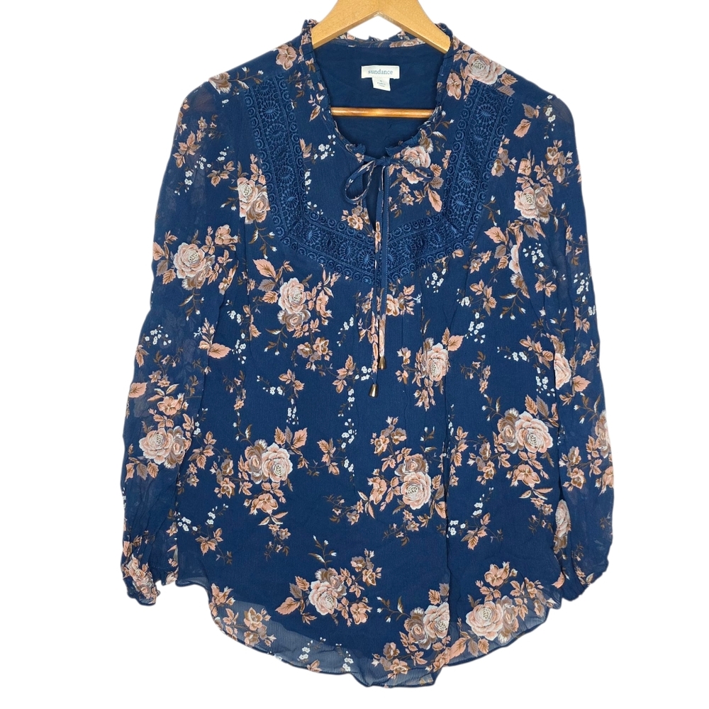 Sundance Highland Garden Silk Blue / Floral‎ Pattern Long Sleeve Blouse Small S